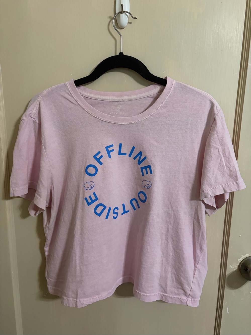 ivory ella Light Pink Tee with Blue "Offline Outside" Circle Graphic